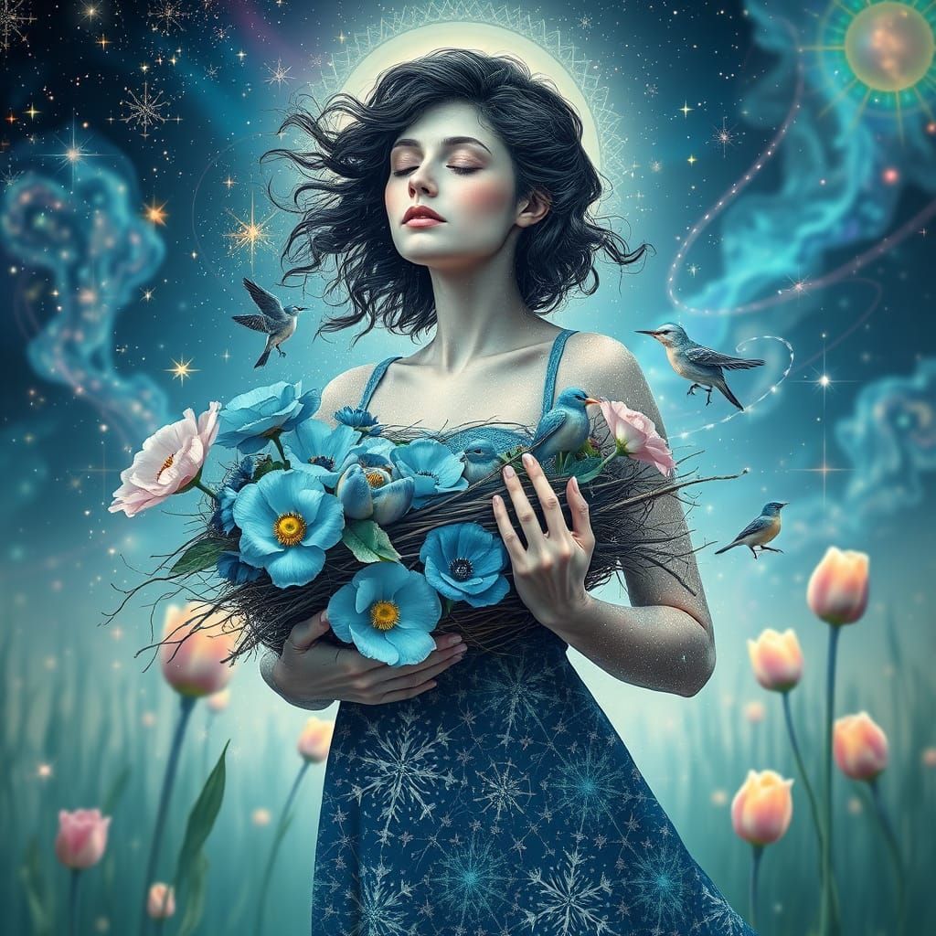 Surreal Woman Merged with Cosmic Nest, in Glitch Art Style