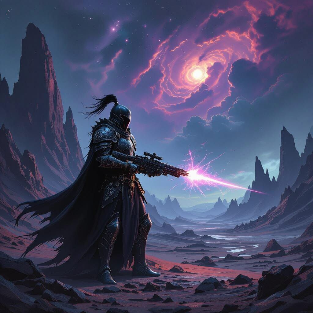 Knight in Obsidian Armor on Alien World with Plasma Rifle