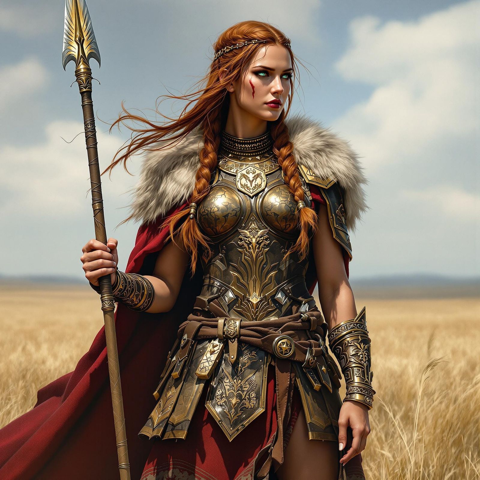 Amazon Warrior Embodied in Steppes Landscapes