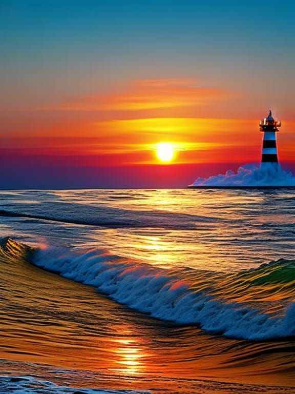 Sunset Lighthouse Scene in Impressionist Style