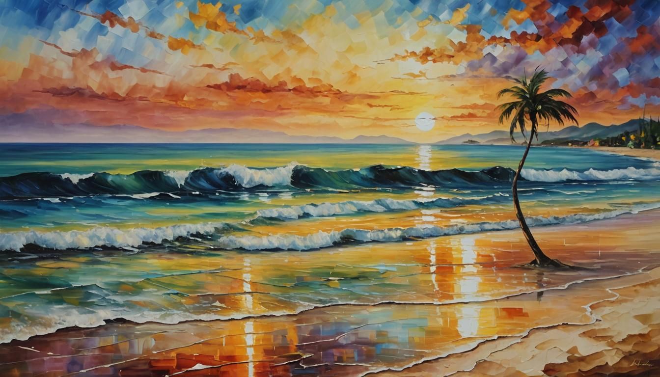 Tropical Beach Sunset in Impressionistic Oil Painting