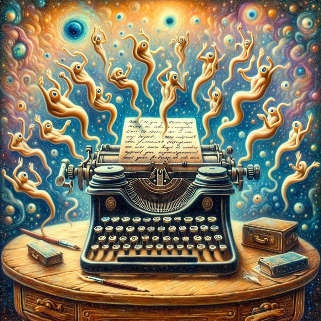 Whimsical Typewriter with Cosmic Note, Surreal Art