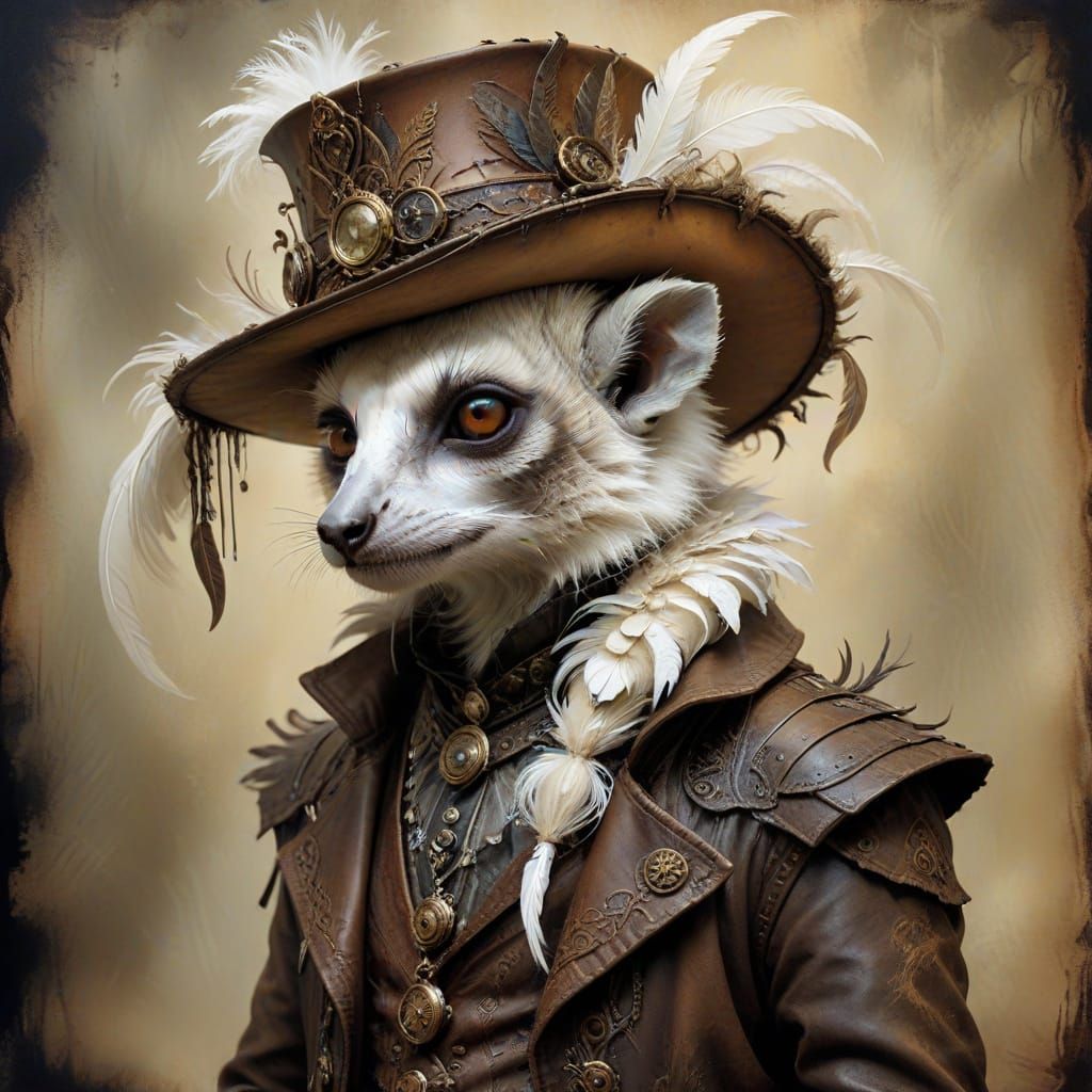 Steampunk Lemur Portrait in Distressed Leather and Lace