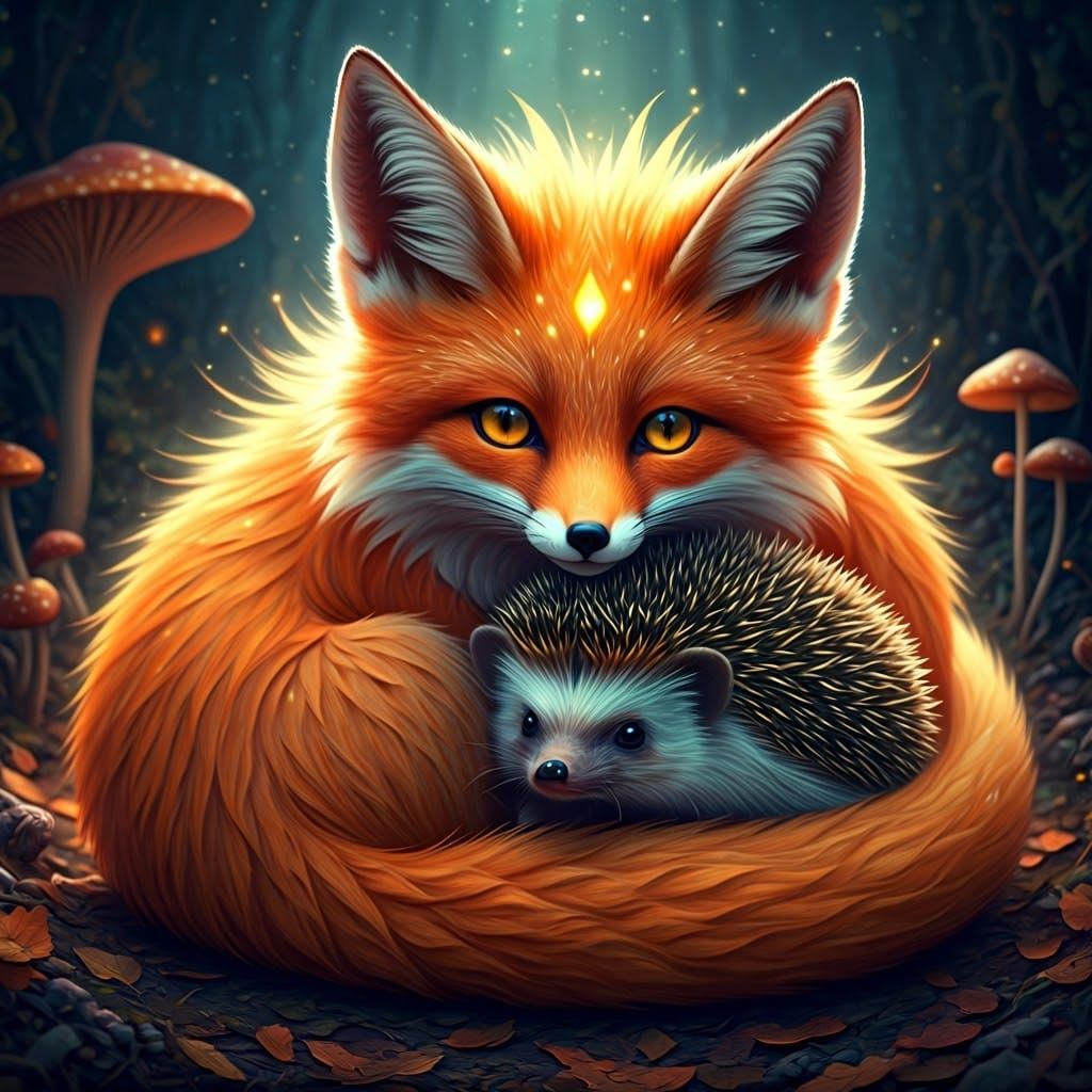 Phoenix Fox and Hedgehog in Fantasy Forest