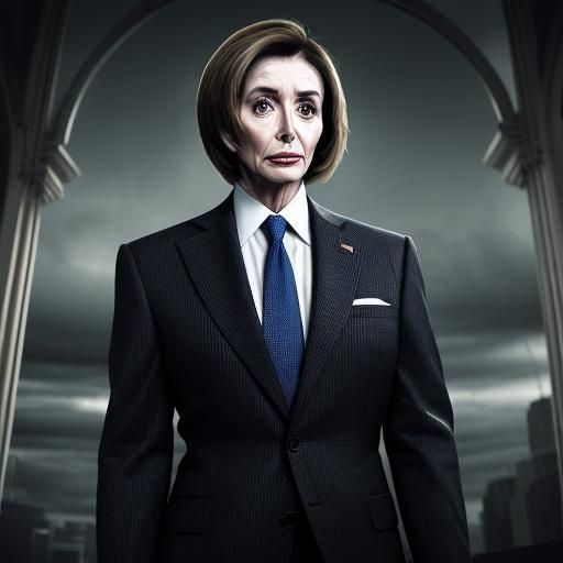 Nancy Pelosi as Man in Suit, Hyperrealistic Image