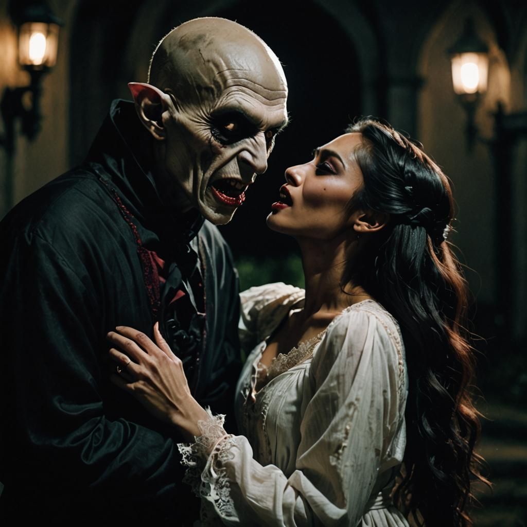 Dark gothic horror movie scene, Male Nosferatu vampire bitin...