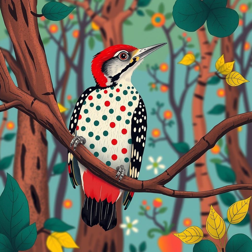 Polka Dot Woodpecker in Playful Surrealist Style