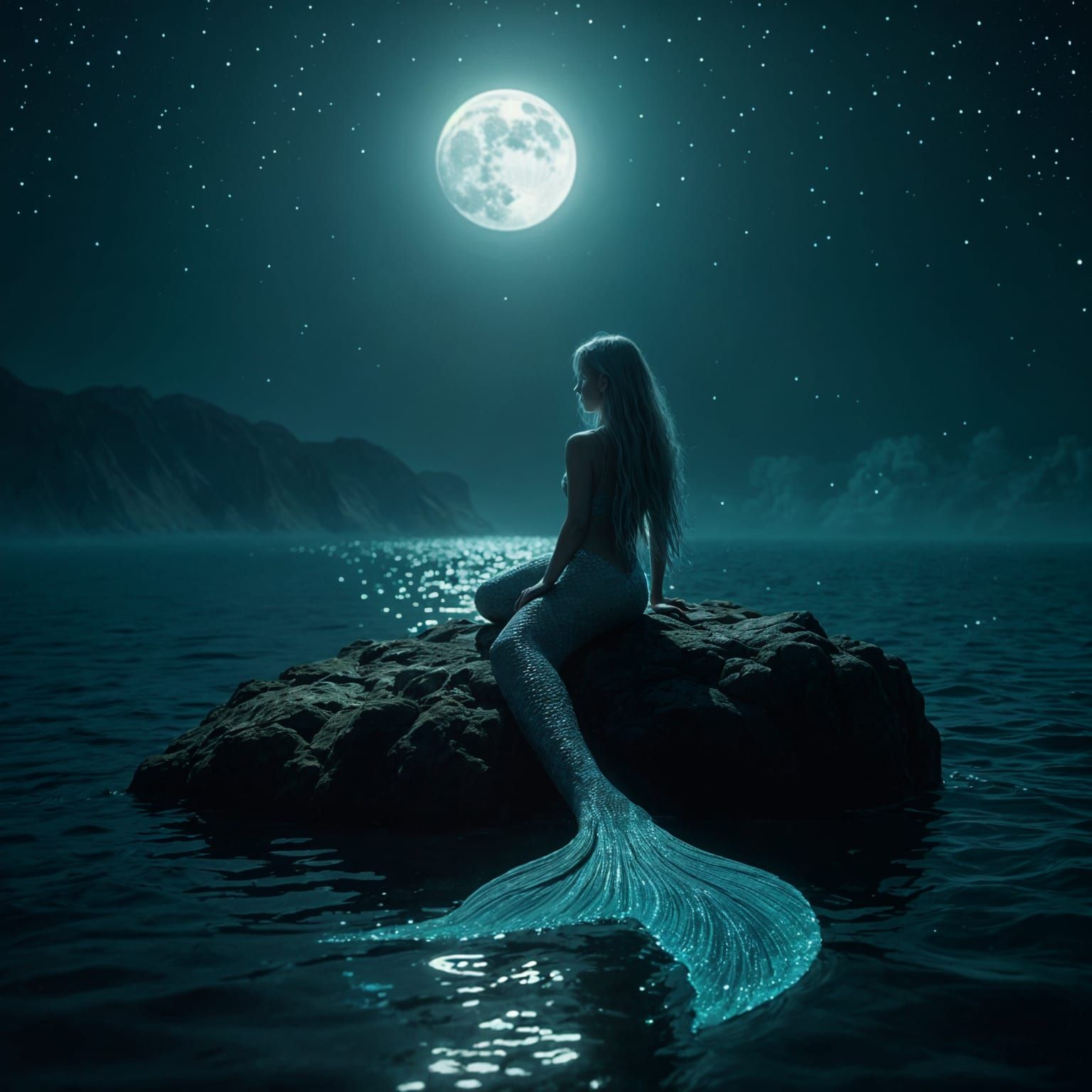 Moonlit Mermaid with Bioluminescent Tail