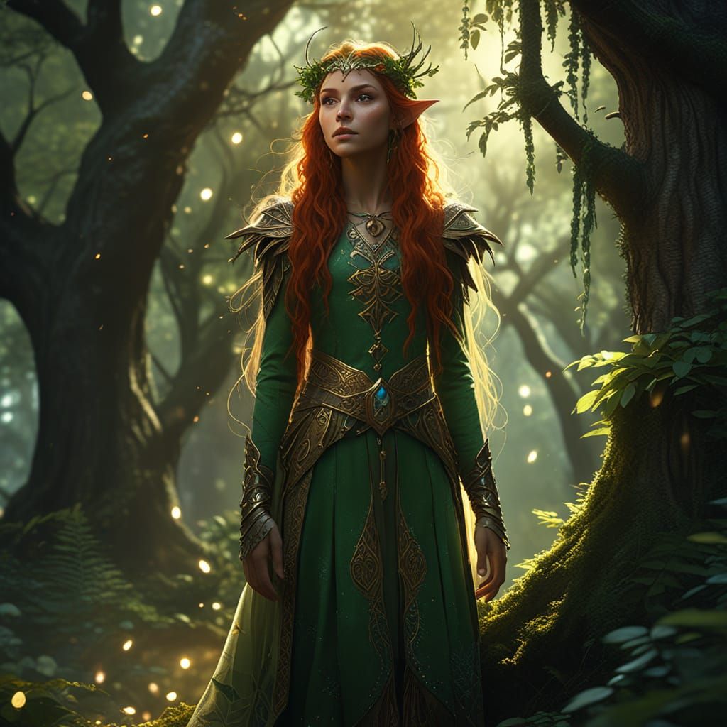 Elf Nature Priestess in Magical Forest: Digital Art