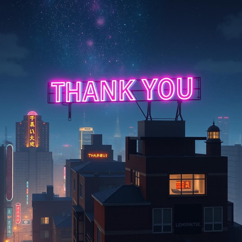 Neon 'THANK YOU' Sign Over City in Ukiyo-e Style