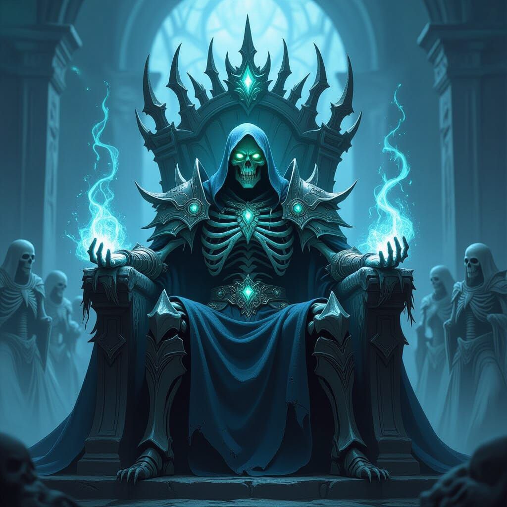 Lich King on Bone Throne in Grimdark Undead Art