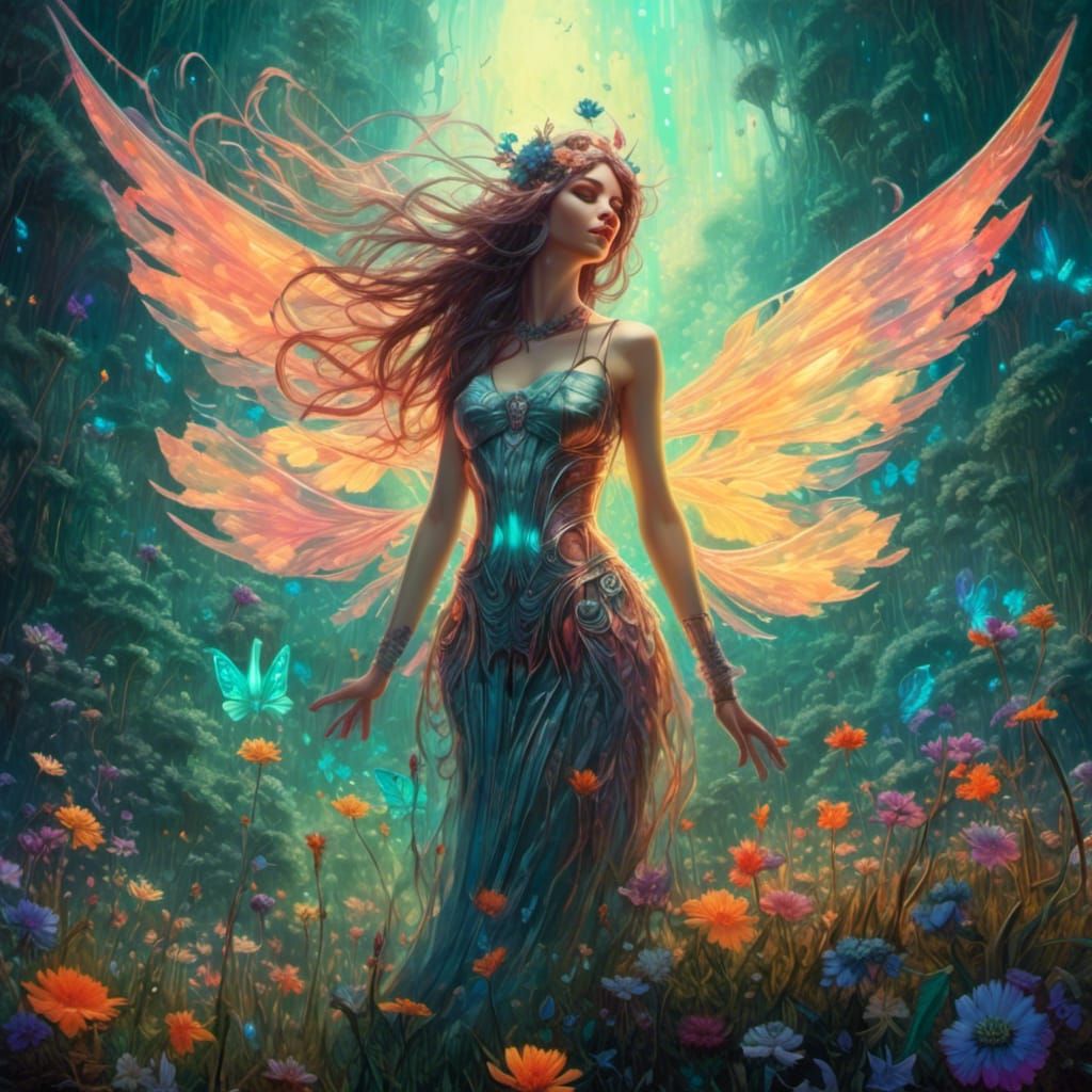 Luminescent Neon Fairy in Bioluminescent Meadow