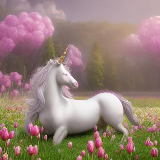 Fantasy Unicorn on Tulip Meadow in Detailed Matte Painting