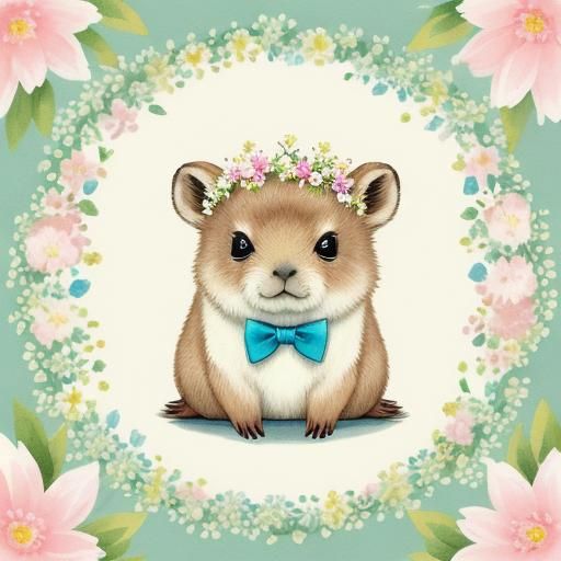 Pastel Kawaii Baby Capybara in Floral Crown