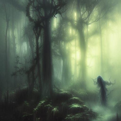 Terrifying Ghost Emerges in Forest: Fantasy Art