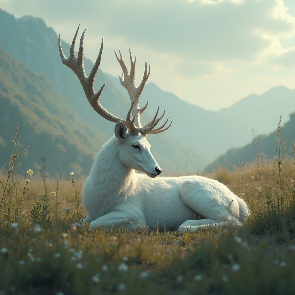 White Deer Resting in Grassy Valley: Matte Painting