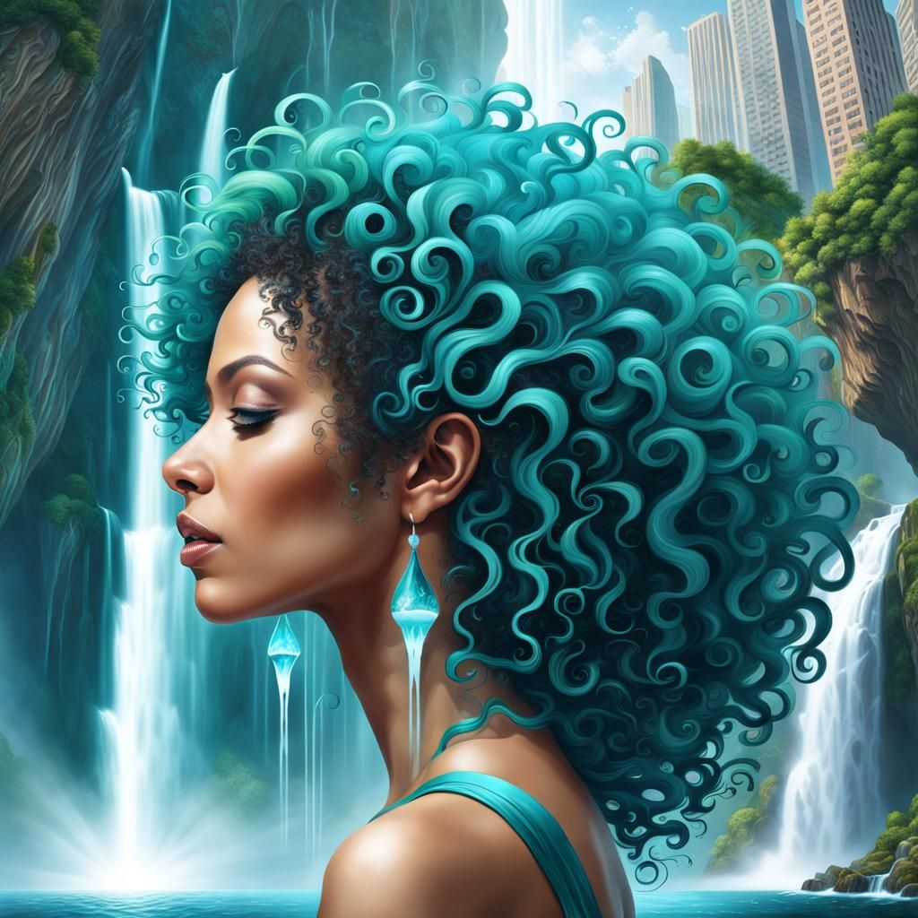 Teal Afro Woman with Waterfalls: Brain City Art