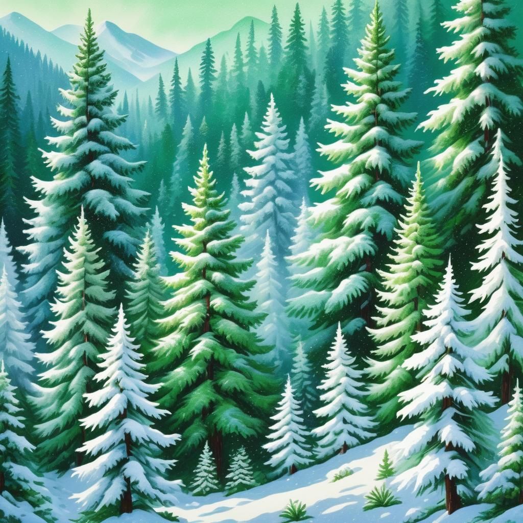 Snowy Mountain Fir Forest in Pointillism Style