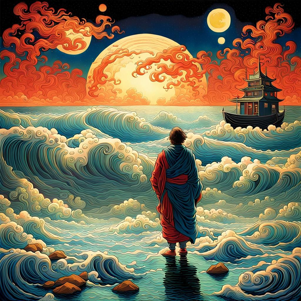 Ukiyo-e Sci-Fi Divine Intervention: Retrofuturist Mixed Medi...