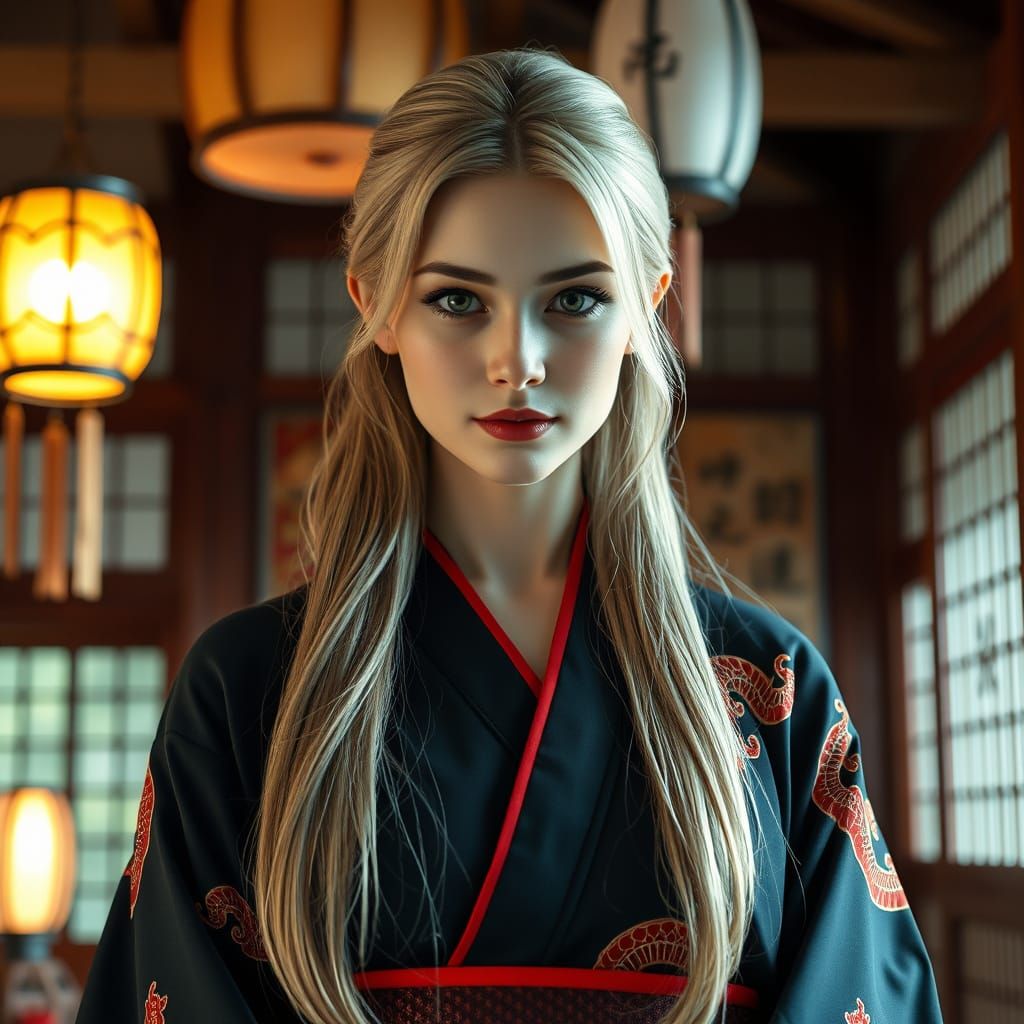 Beautiful Woman in Japanese Kimono, Cinematic Lighting