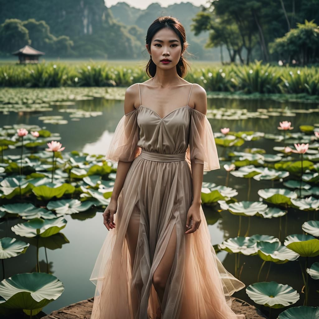 Vietnamese Woman in Tulle Dress at Lotus Lake
