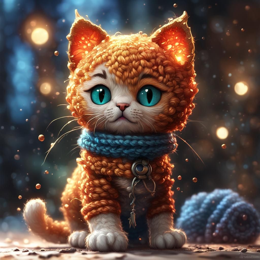 Photorealistic Crochet Kitten Cub in Detailed Matte Painting