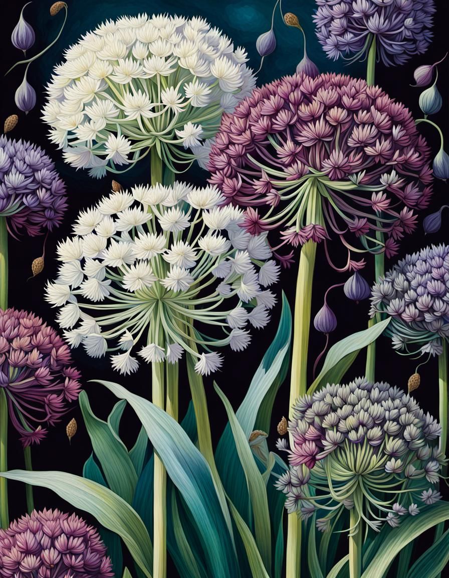 Allium Flowers in William Morris Style