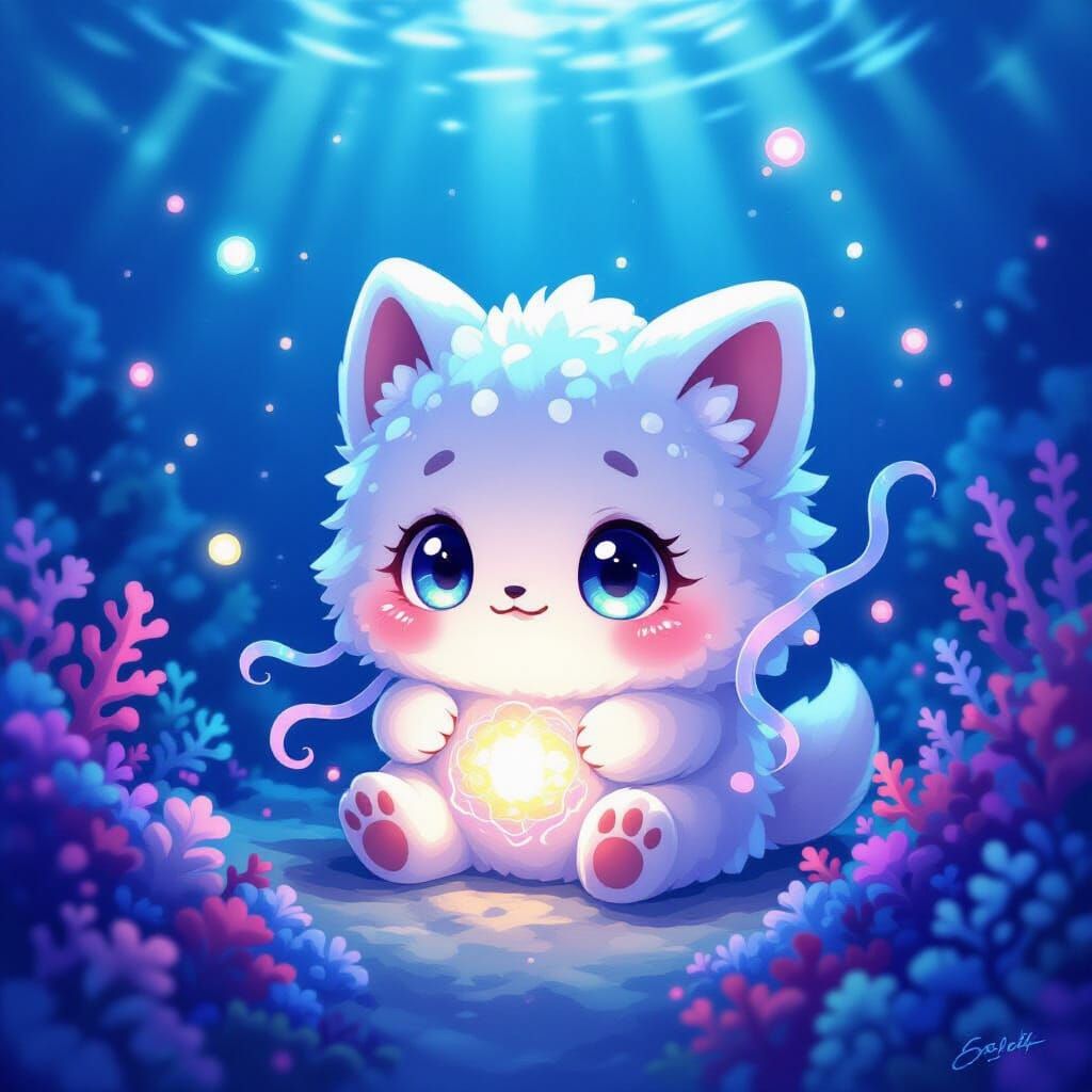 Cute Void Ocean Creature Playing with Bioluminescent Plankto...