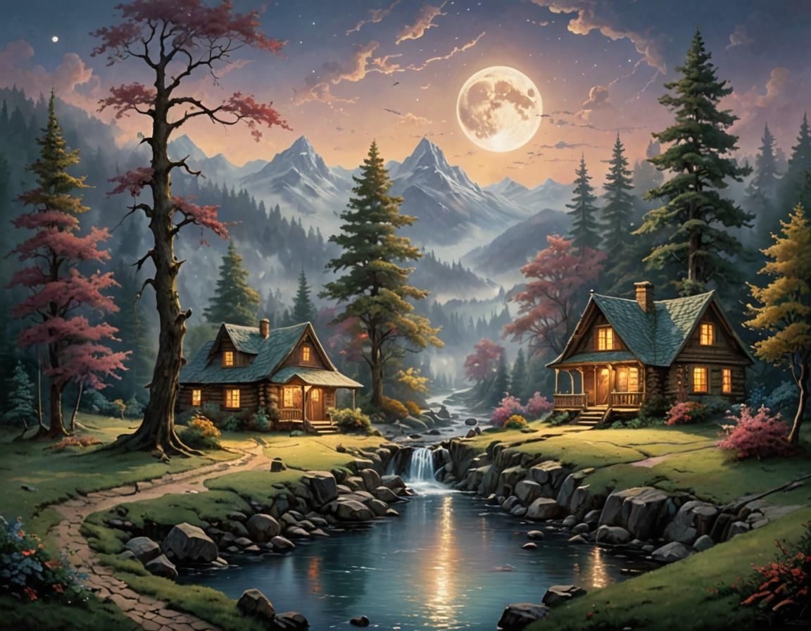 Ethereal Fantasy Cabin Under Moonlight