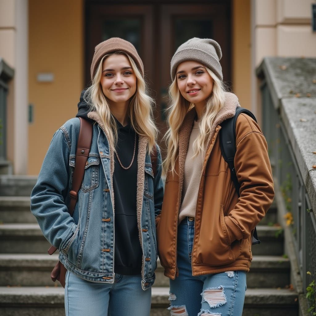 Two Young Women in Hip Hop Style on College Stoop