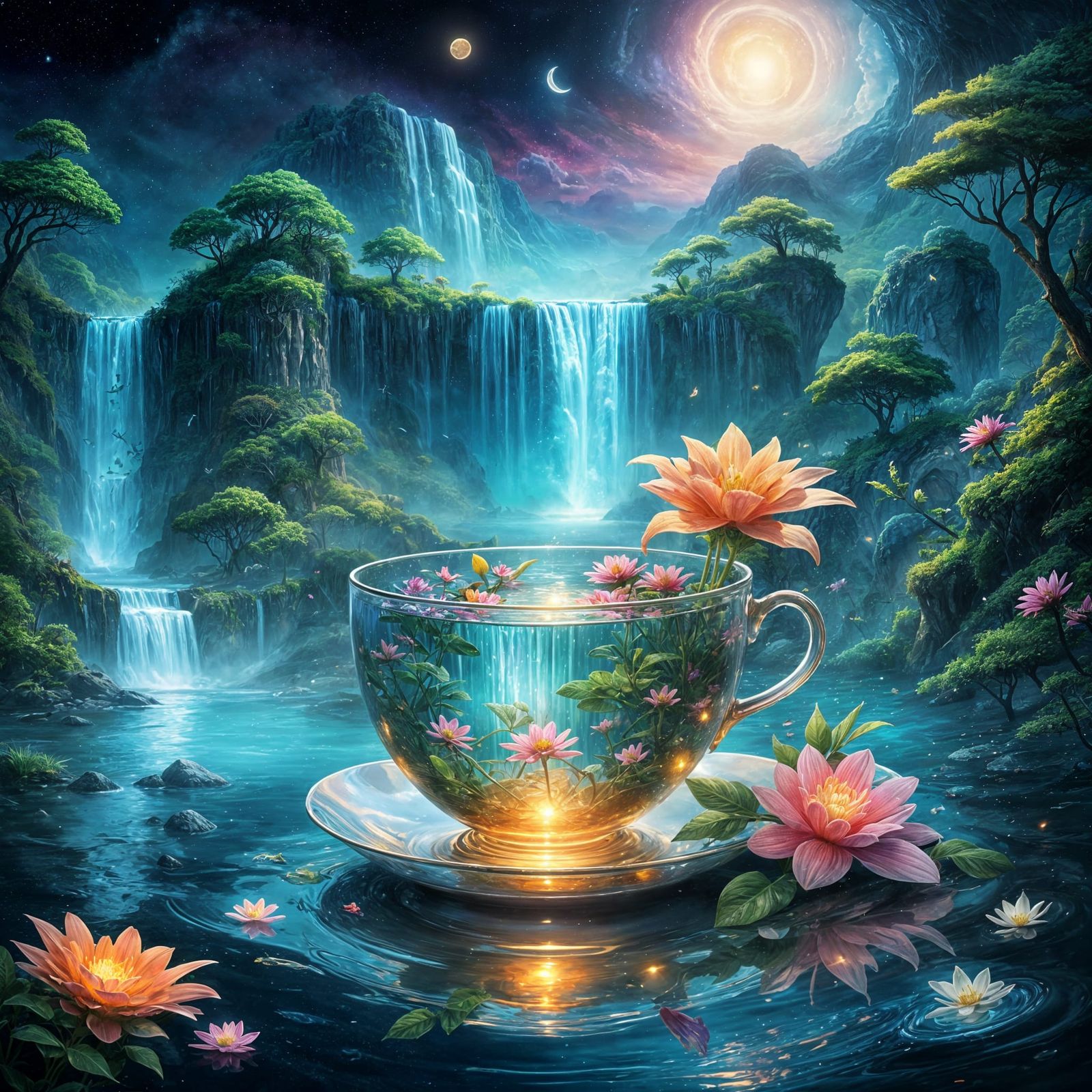 Glowing Teacup Floating on Sea at Night