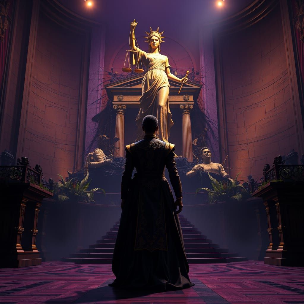 Dark Fantasy Courtroom Confrontation in Baroque Style