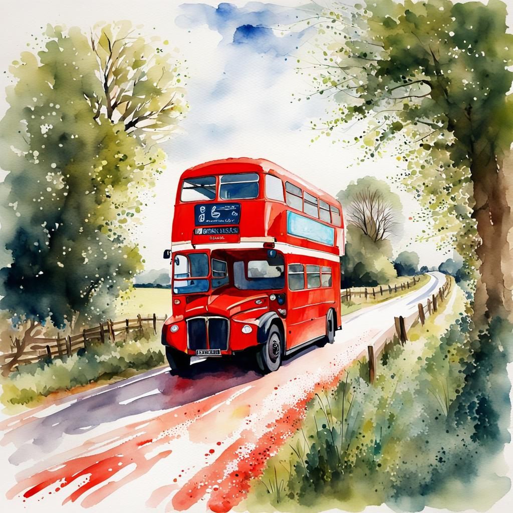 Red Routemaster Bus in Essex Countryside Watercolor