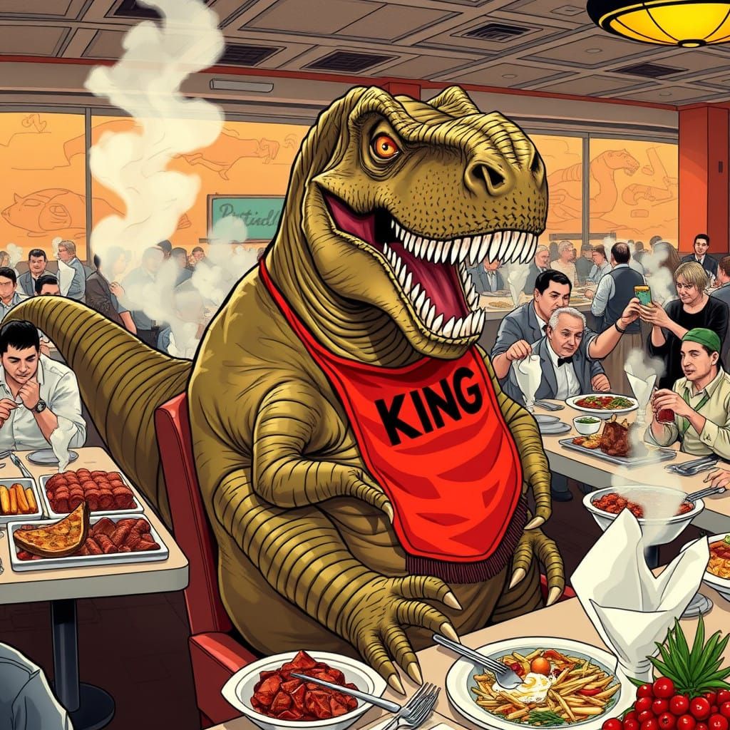 Tyrannosaurus Rex Enjoys Futuristic Buffet Feast