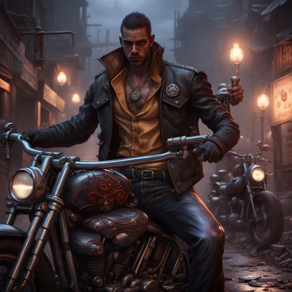 Brujah Vampire on Motorcycle: Dark Fantasy Concept Art