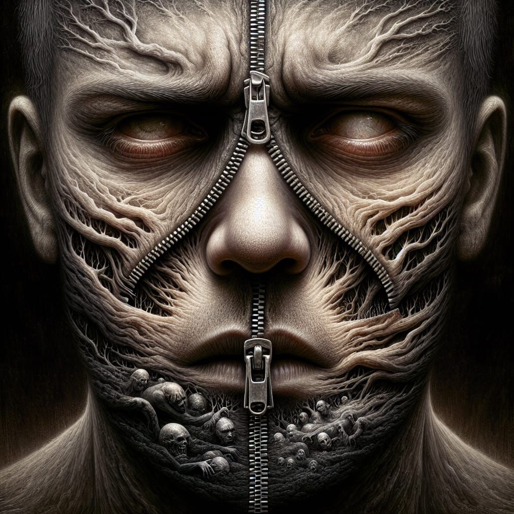 Distressed Man Portrait with Unzipped Face Revealing Dark Fo...
