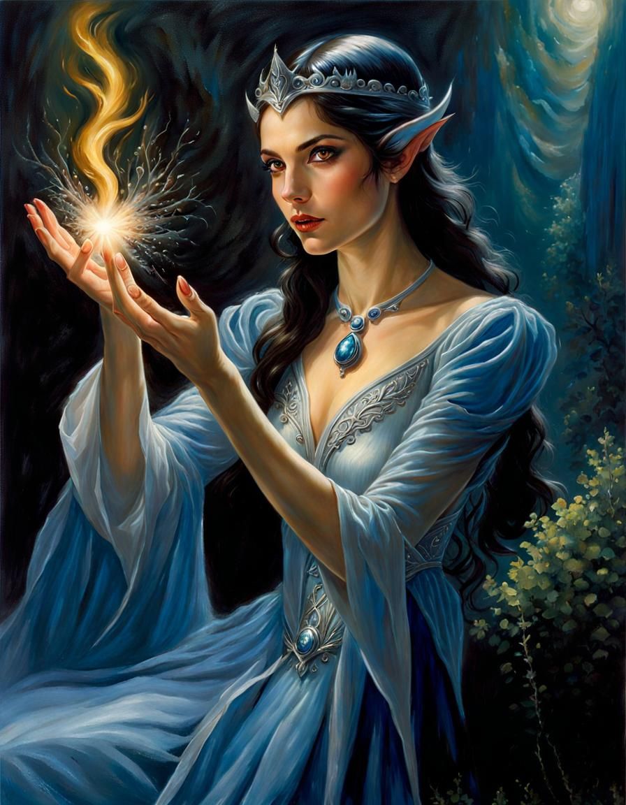 Elven Princess Casting Spell as Oil Painting