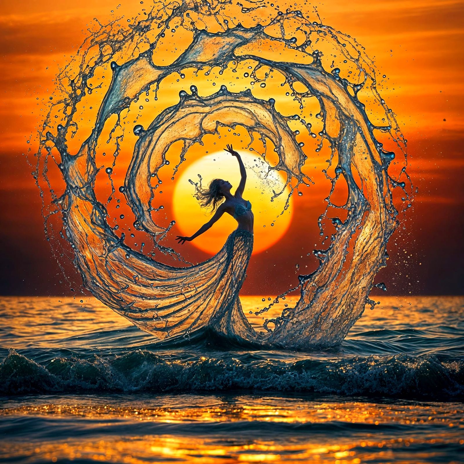 Mermaid Dances Under Setting Sun in Crystal Clear Water