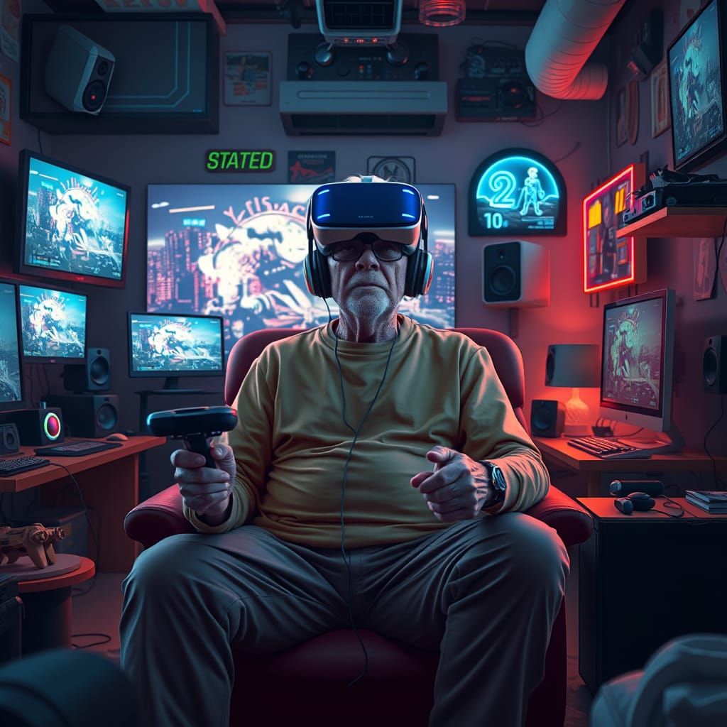 VR Gaming Old Man in Neon Future Style