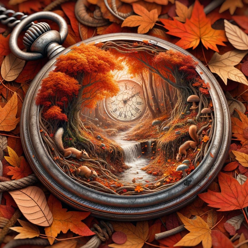 Antique Pocket Watch Diorama with Autumn Forest Scene