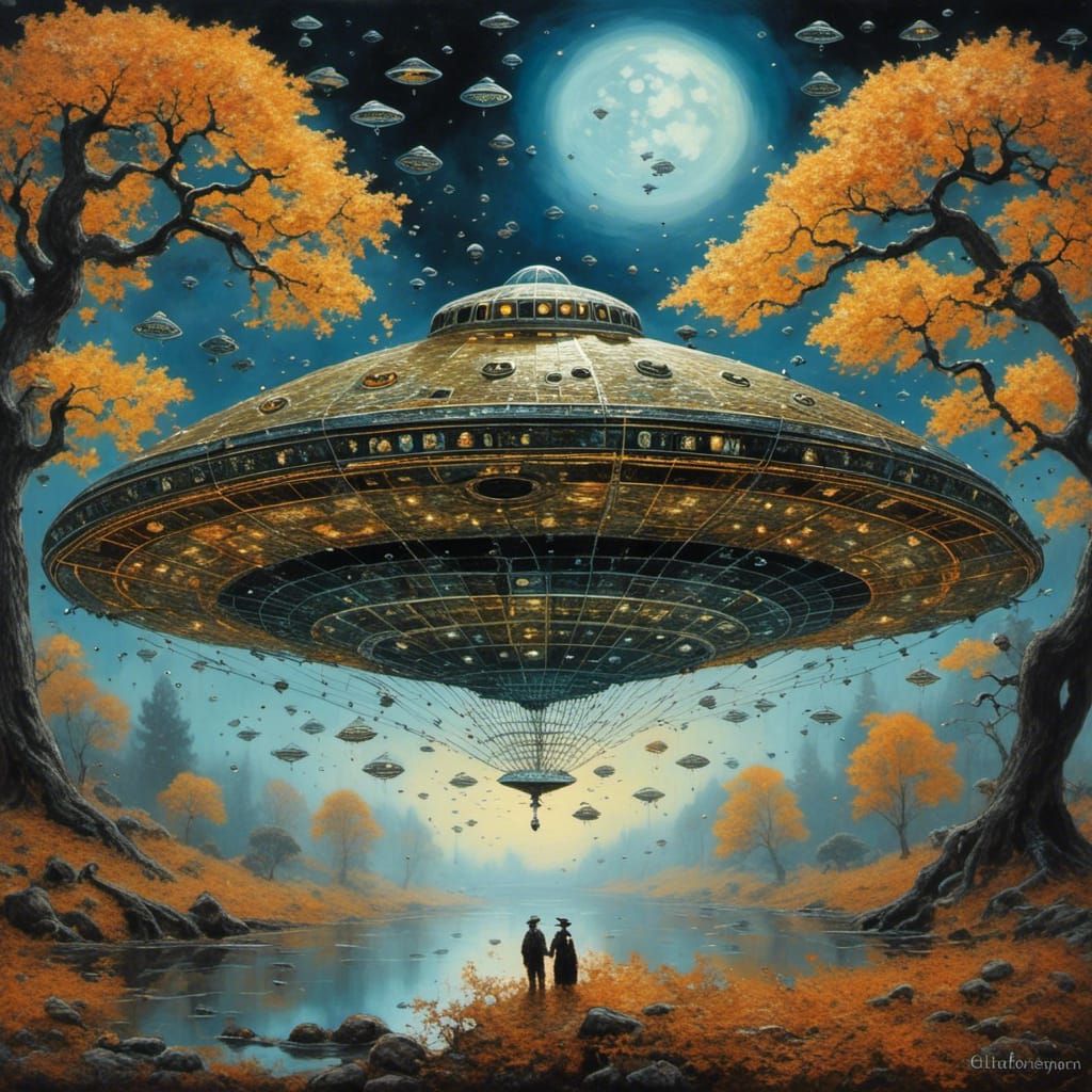 Macabre UFO in Folk Art Diamond Painting Style
