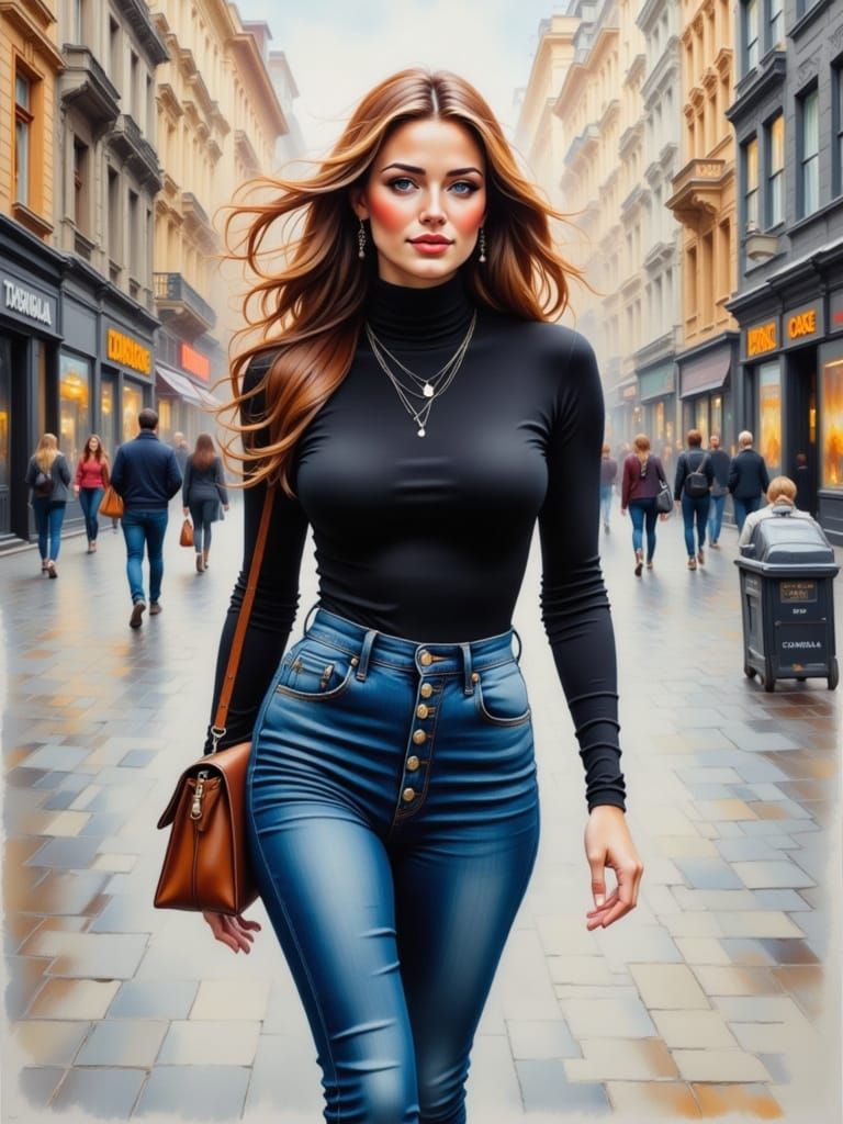 Woman in Turtleneck and Skinny Jeans Walking in City