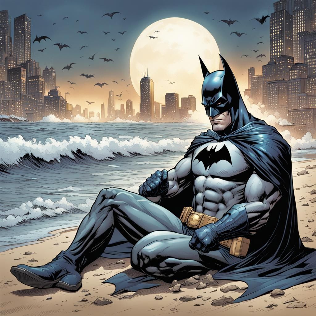 Batman Relaxes on Gotham Beach in Comic Style