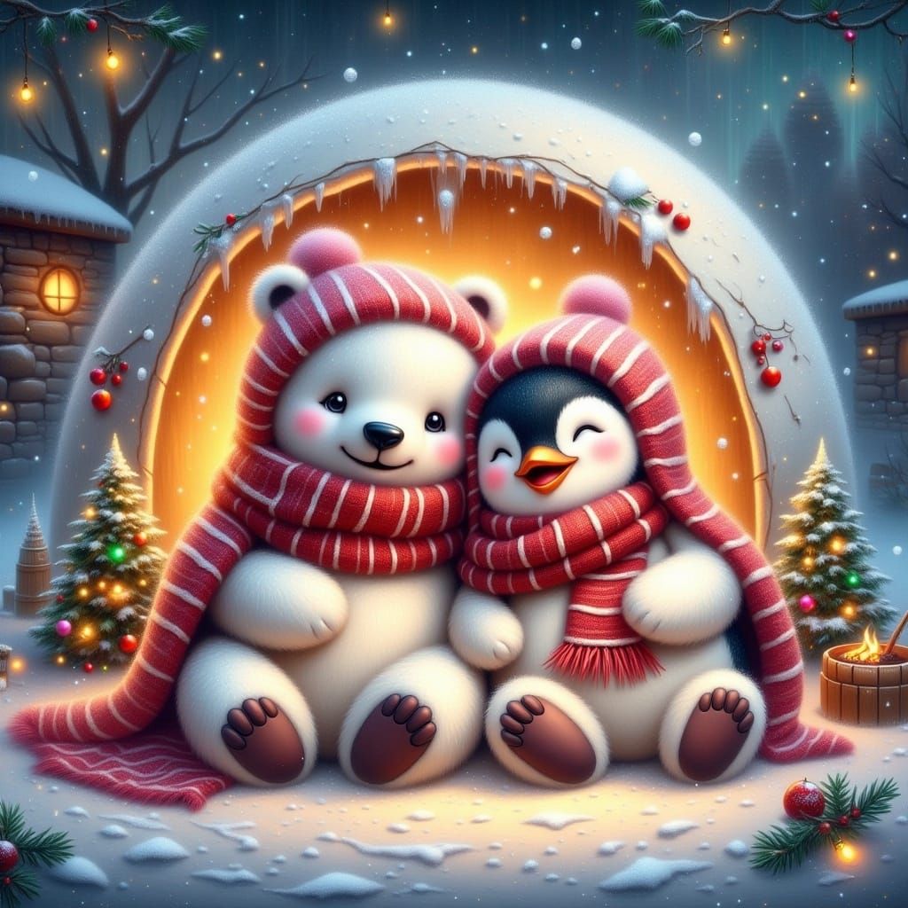 Cozy Polar Bear and Penguin Friends Inside a Sparkling Winte...