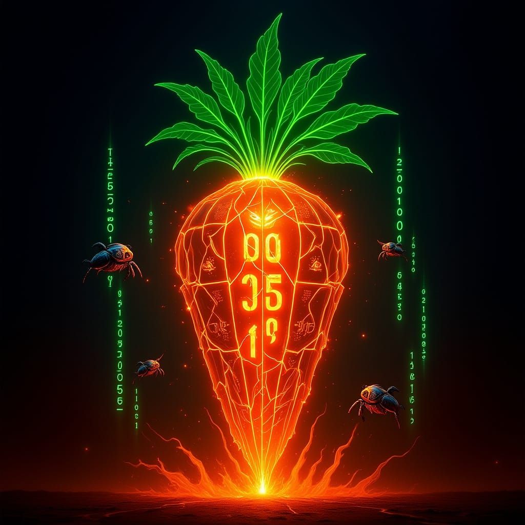 Cybernetic Carrot Materializing in Neon Void as Digital Art