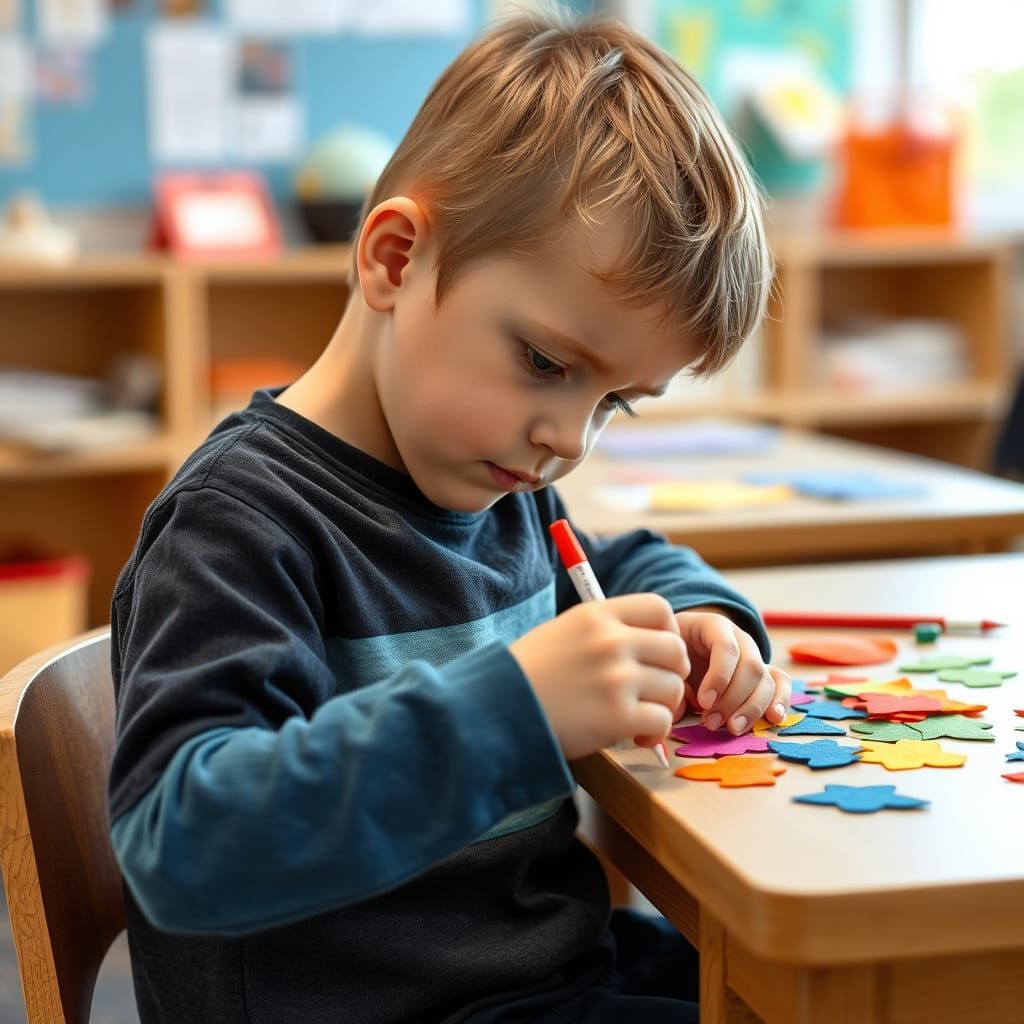 Boy Creating Felt Art in Classroom