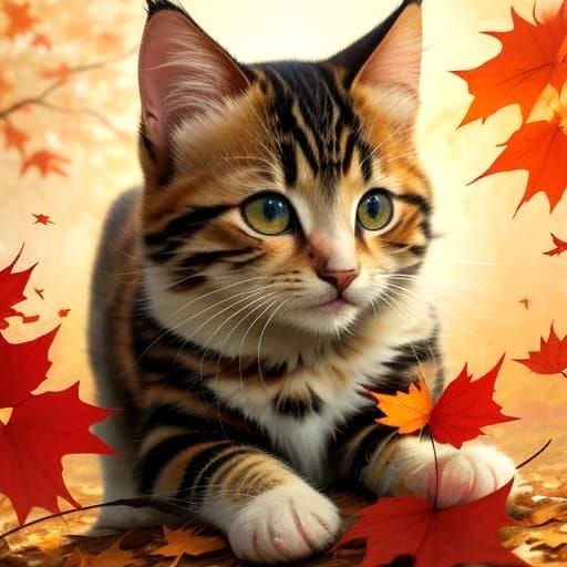 Adorable Kitten Plays in Autumn Sunset, Watercolor Style