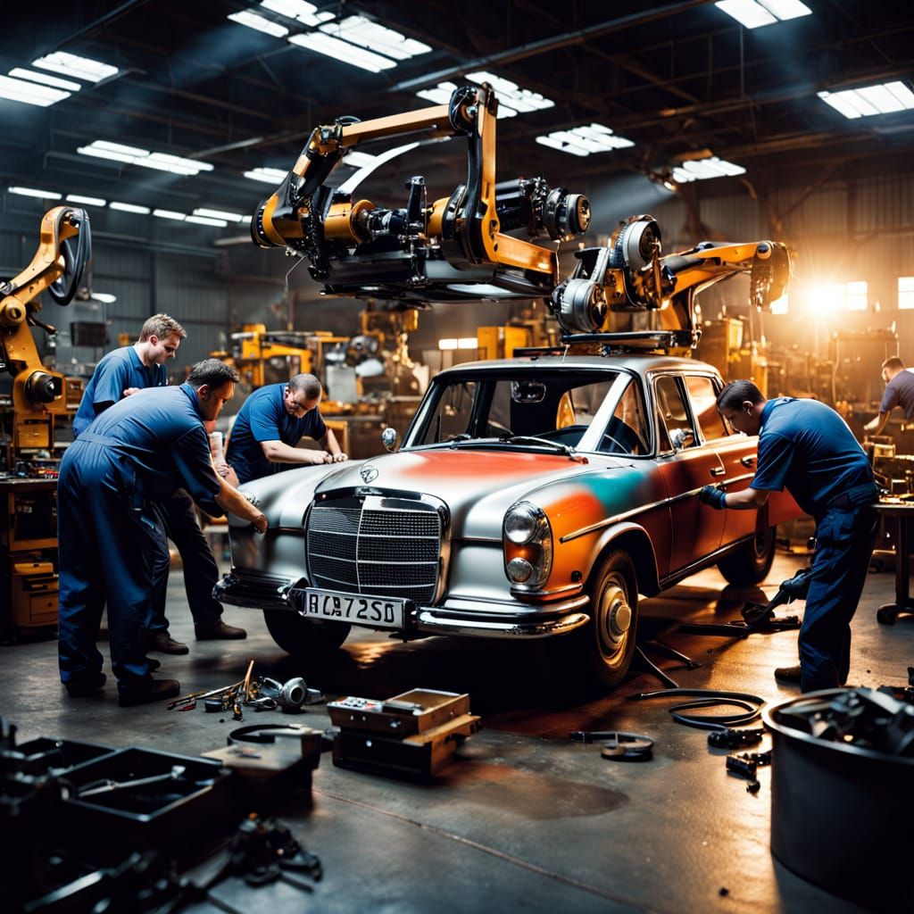 Industrial Workers Assemble Mercedes Benz in Dimly Lit Works...