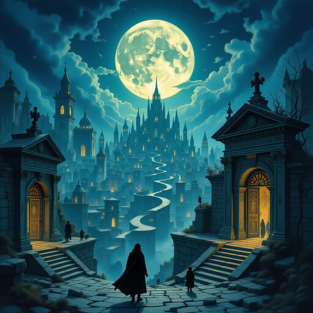 Surreal Labyrinth Cityscape at Night, Dark Fantasy Etchings