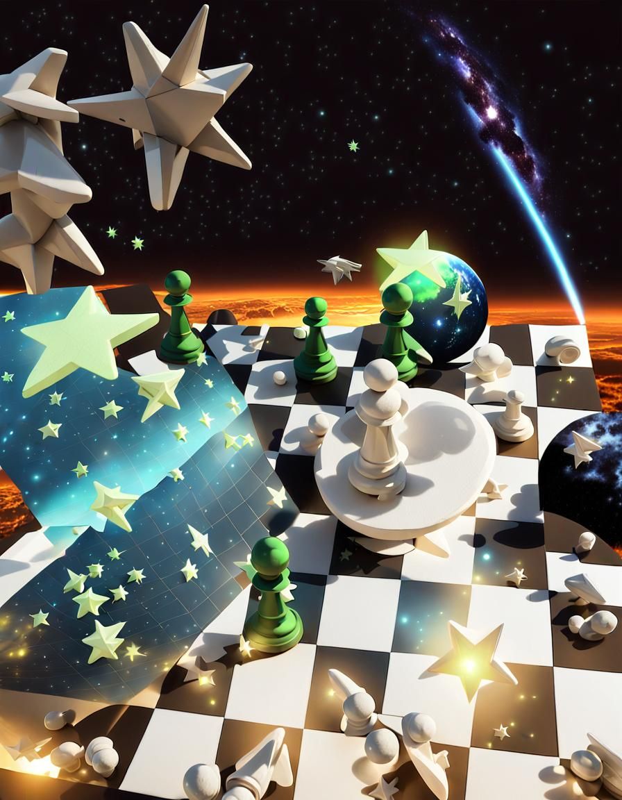 Surreal Chessboard with Celestial Elements in 3D Rendering